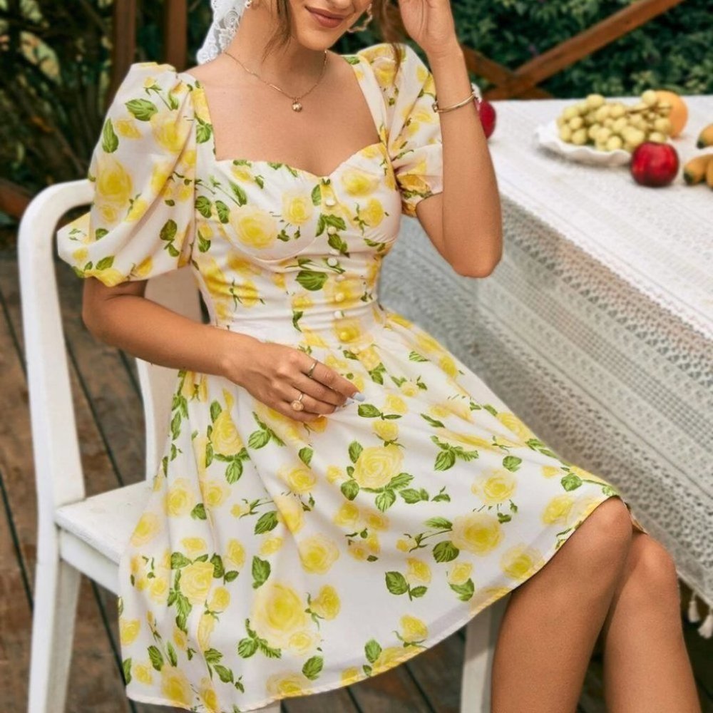 Yellow Floral Sweet Puff Sleeve Sweetheart Neck Mini Dress - Picture 4 of 5